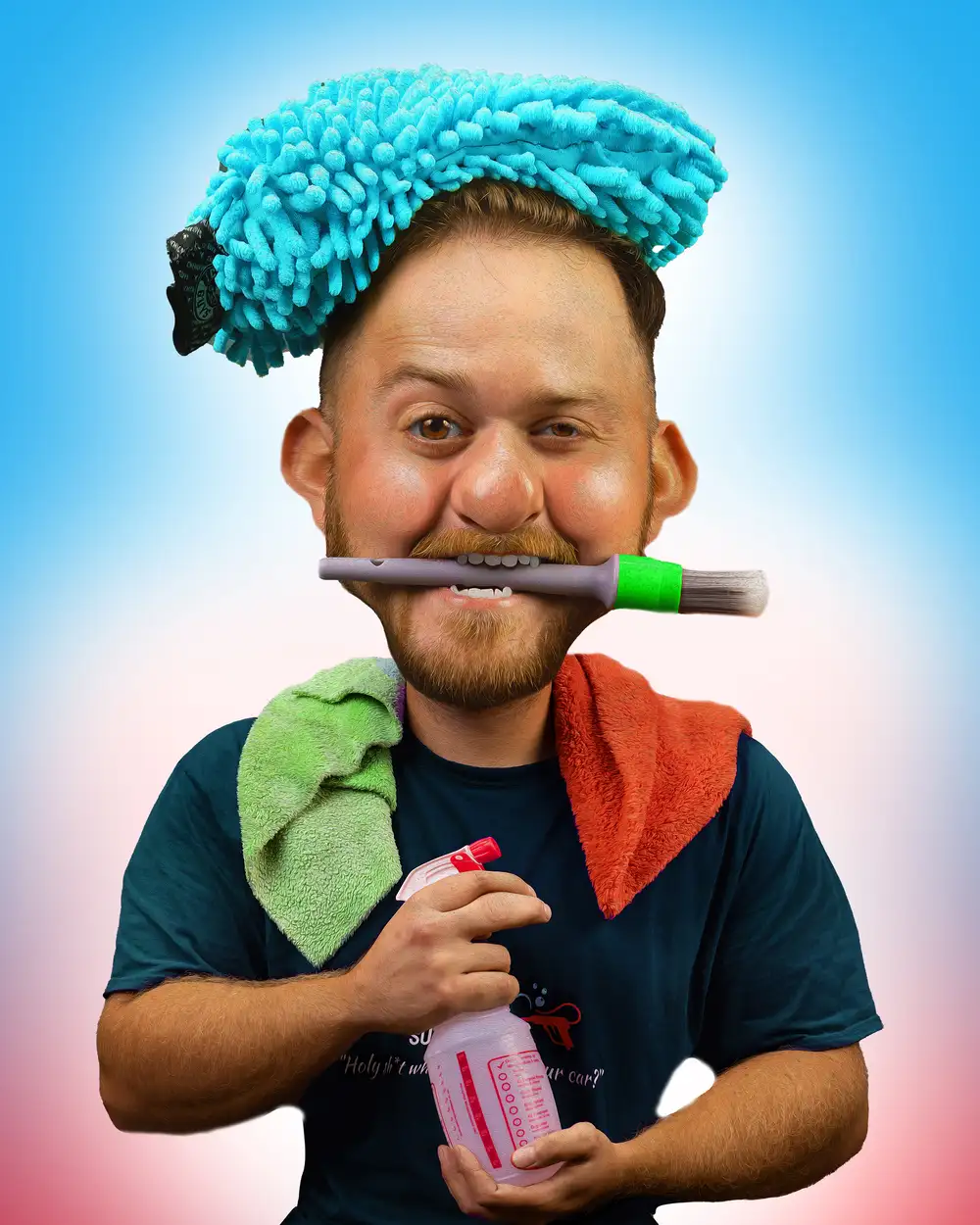 Creative Headshot Example. A cartoon style man wearing a normal t-shirt, with a brush in his mouth and a spray bottle in his hand.