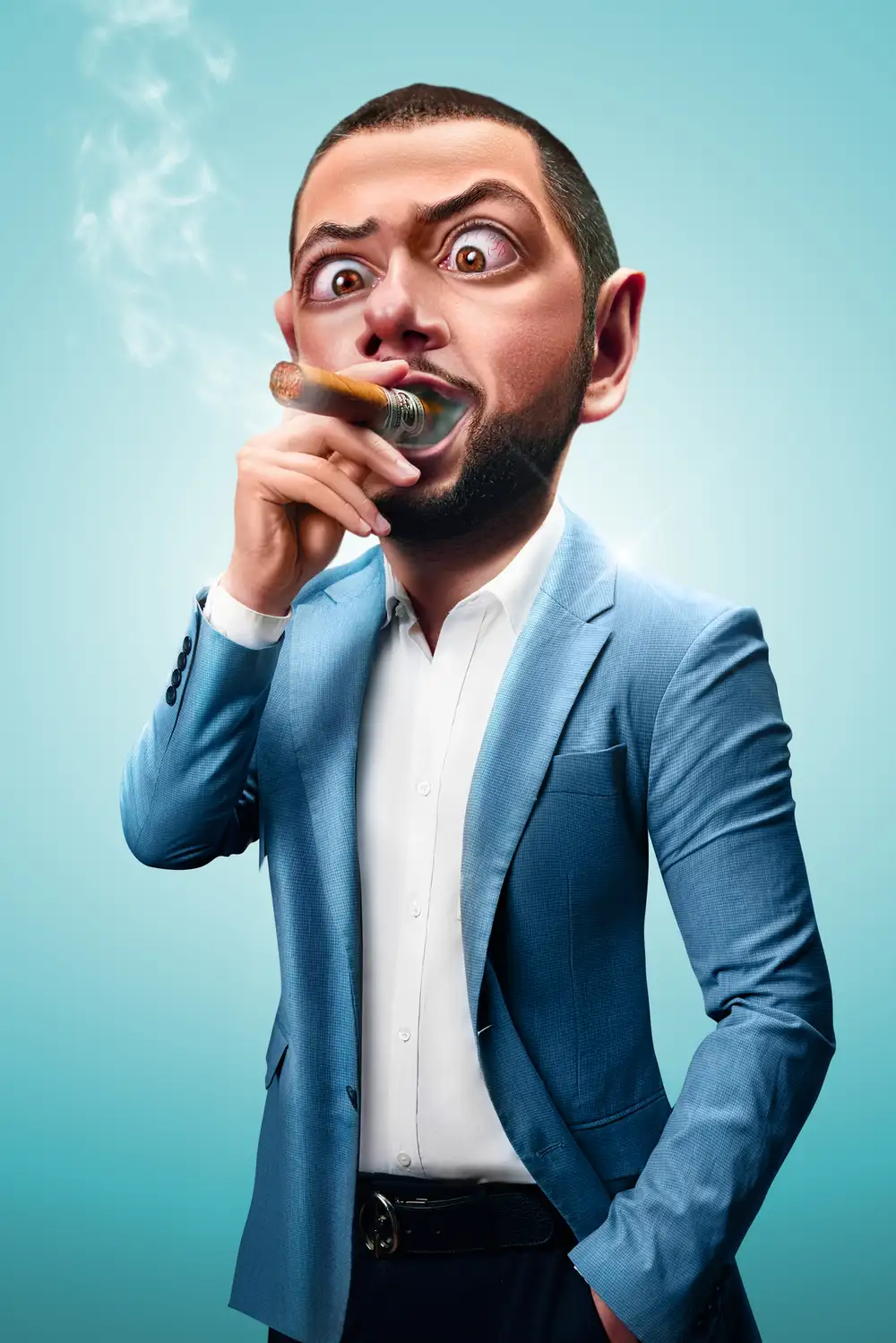 Creative Headshot Example. A cartoon style man wearing a blue suit with a cigar in his mouth.